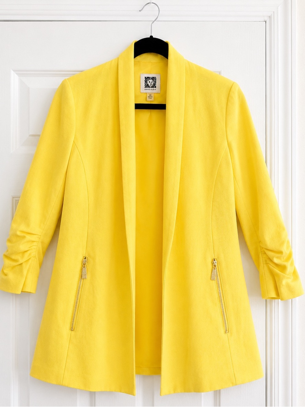 Anne Klein Yellow Open Front Blazer Jacket Ruched Sleeve Zip Pocket XS